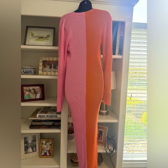 STAUD Shoko Long Sleeve Colorblock Two Tone Dress - Orange and Pink - Picture 3 of 4